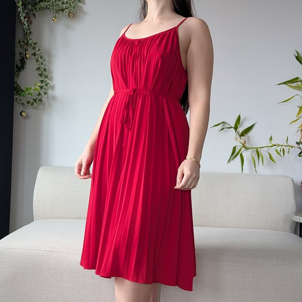 H&M Red Midi Pleated Belted Spaghetti Strap Dress, Size M